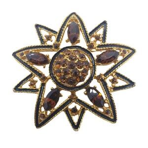 Vintage Gold Tone Root Beer Faceted Rhinestones Large Brooch Pin